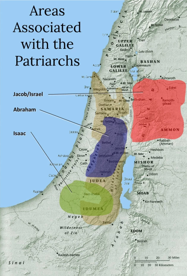 Areas associated with Abraham, Isaac, and Jacob/Israel in ancient Canaan